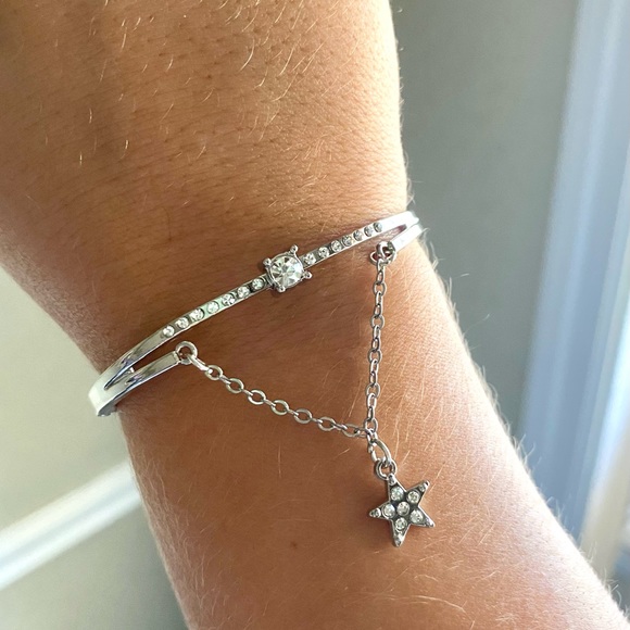Dangle Drop Chain Star Silver & Rhinestone Crystal Clasp Bangle Bracelet - NEW - Picture 3 of 6